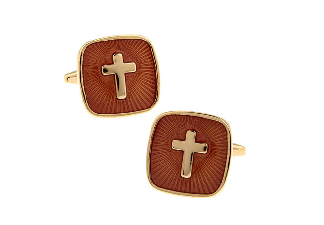 amber enamel gold cross cufflinks front view