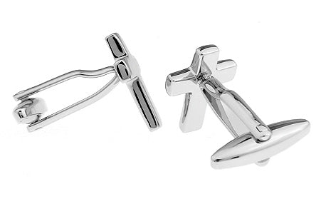 Silver cross cufflinks for men showing polished Christian cross design
