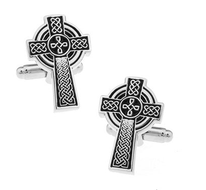 Men’s Celtic Cross cufflinks with black enamel inlay on silver finish