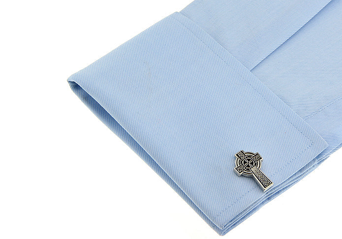 Christian Celtic Cross cufflinks displayed on dress shirt cuff