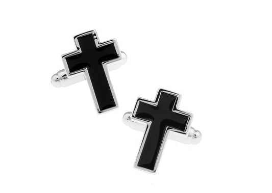 Men’s black enamel cross cufflinks with silver trim