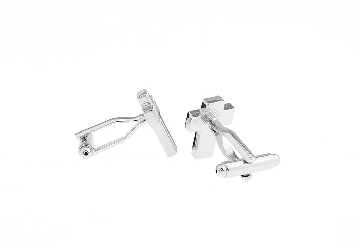 Side view of black cross cufflinks showing bullet-back closure