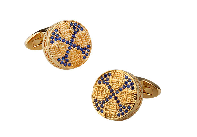 Gold cross cufflinks with blue crystal accents
