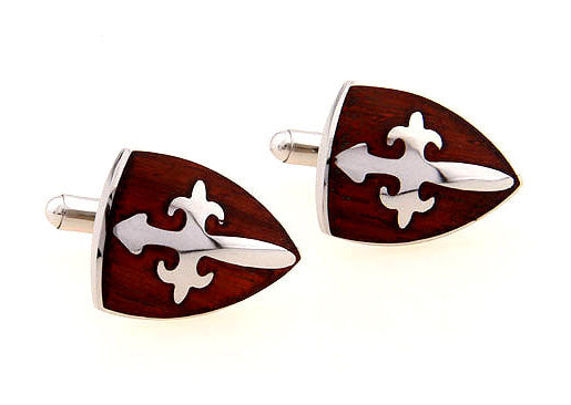 Stainless steel cherry wood cross shield cufflinks for Christian men
