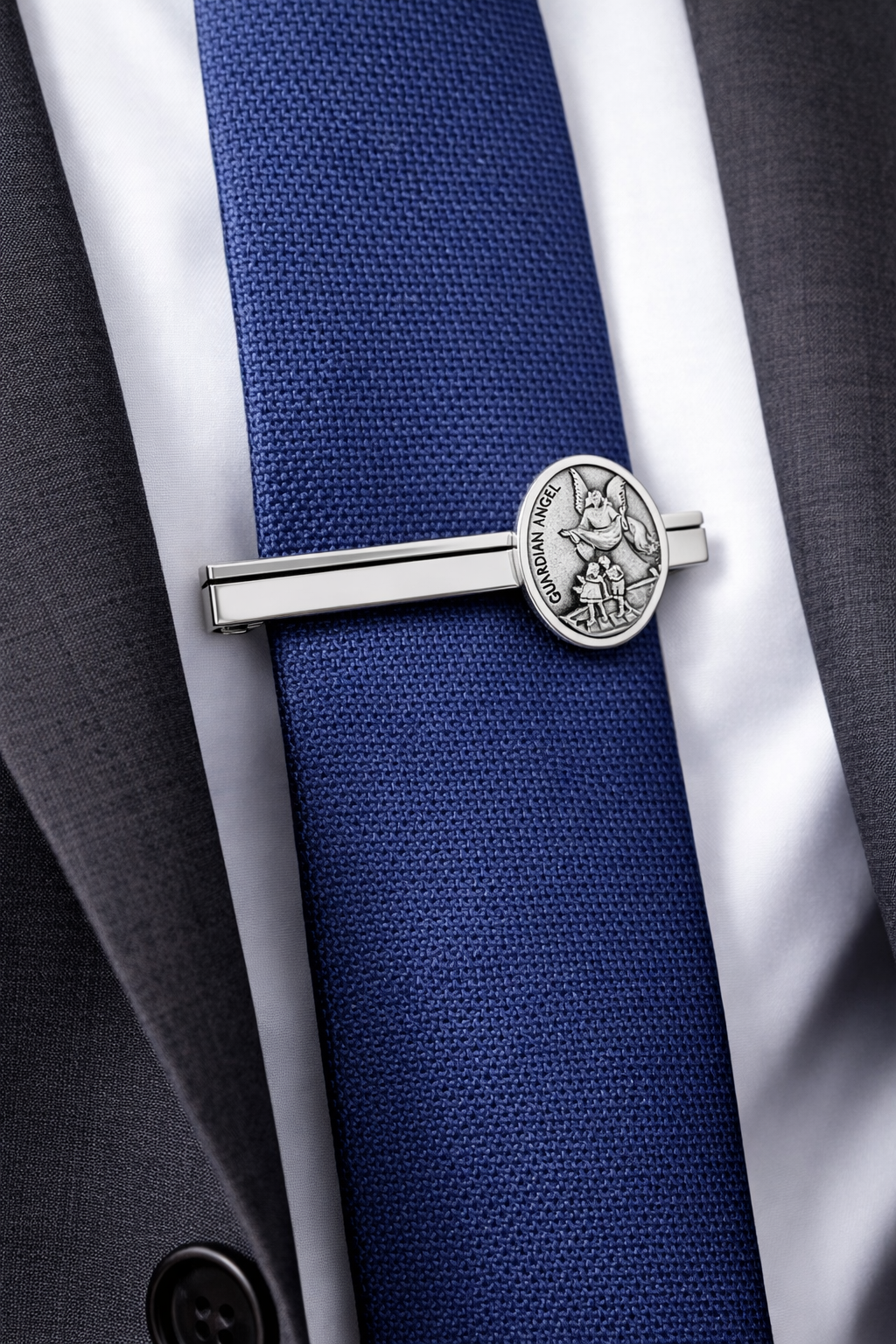 Blue tie with a silver tie clip on a suit and shirt background Guardian Angel silver tie clip for men religious tie bar made in Italy