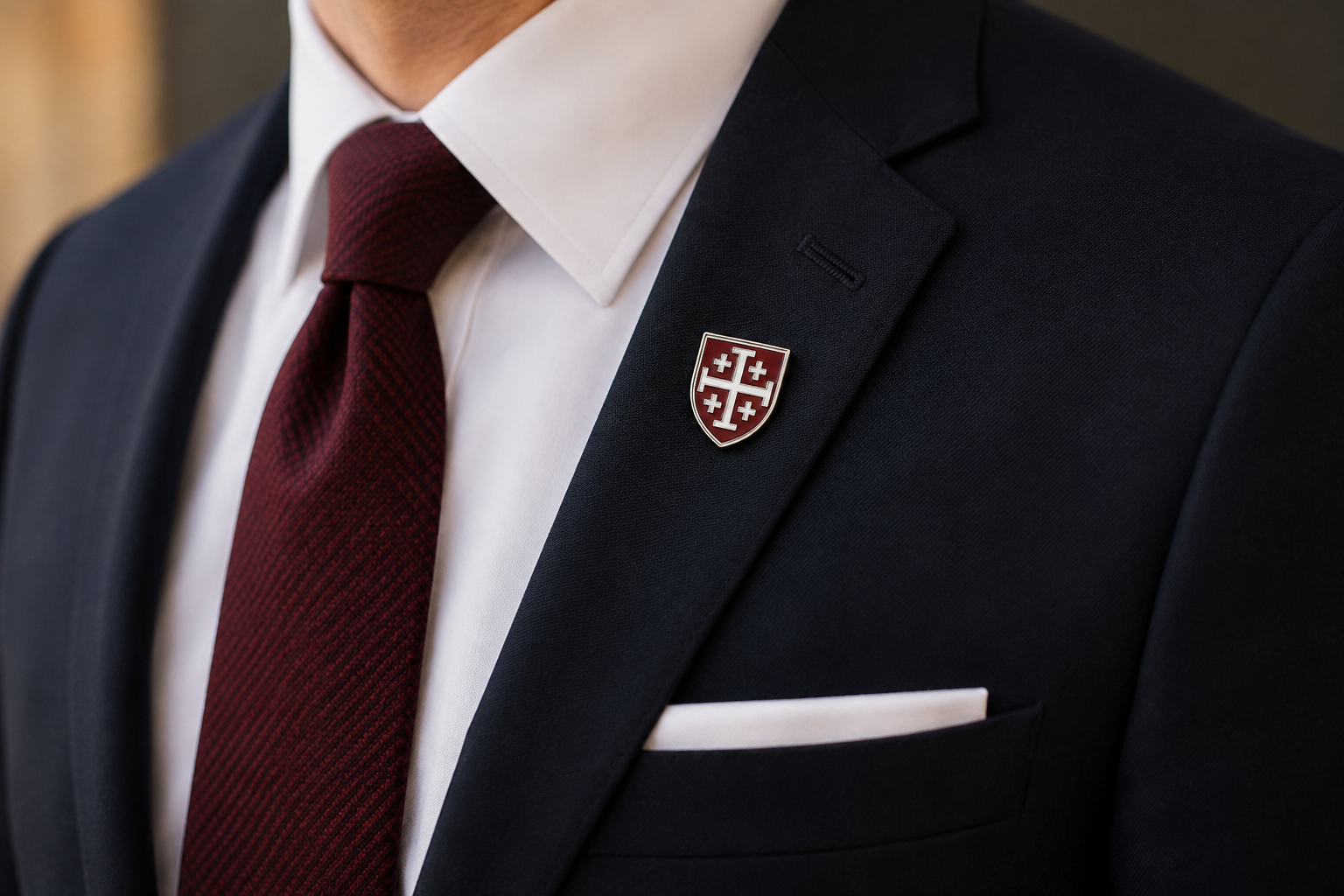 A close-up of a man's suit jacket and tie, featuring a small shield-shaped lapel pin with a red and white cross design pinned to the chest.