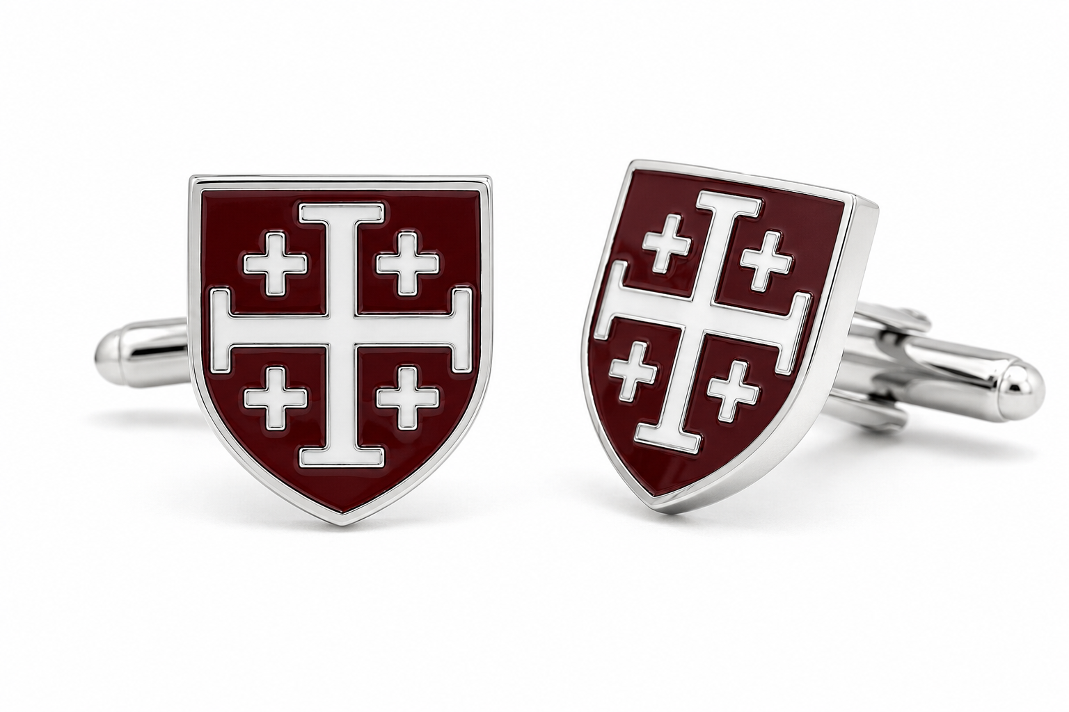 Burgundy and white enamel Jerusalem Cross shield cufflinks with a polished silver-tone finish and bullet-back closures for men's formal wear.