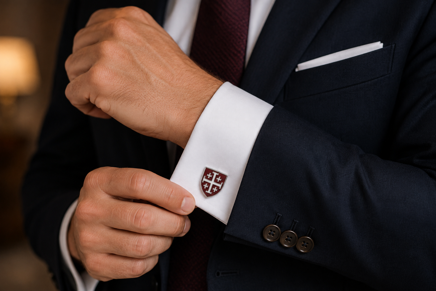 Burgundy and white enamel Jerusalem Cross shield cufflinks with a polished silver-tone finish and bullet-back closures for men's formal wear.