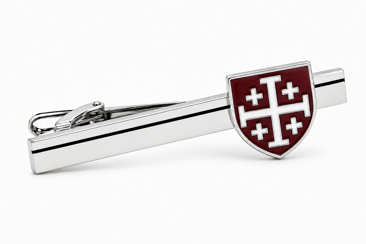 Burgundy and white enamel Jerusalem Cross shield tie clip with a polished silver-tone finish for men's formal and business attire.