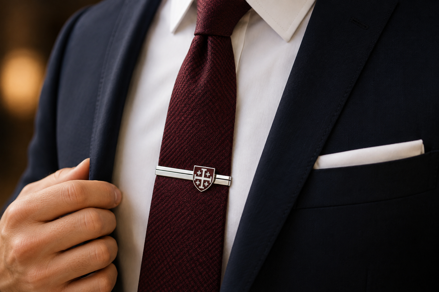 Burgundy and white enamel Jerusalem Cross shield tie clip with a polished silver-tone finish for men's formal and business attire.
