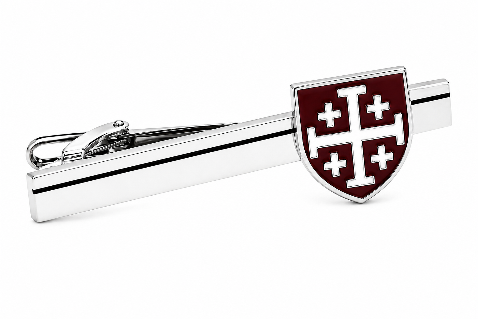 Burgundy and white enamel Jerusalem Cross shield tie clip with a polished silver-tone finish for men's formal and business attire.