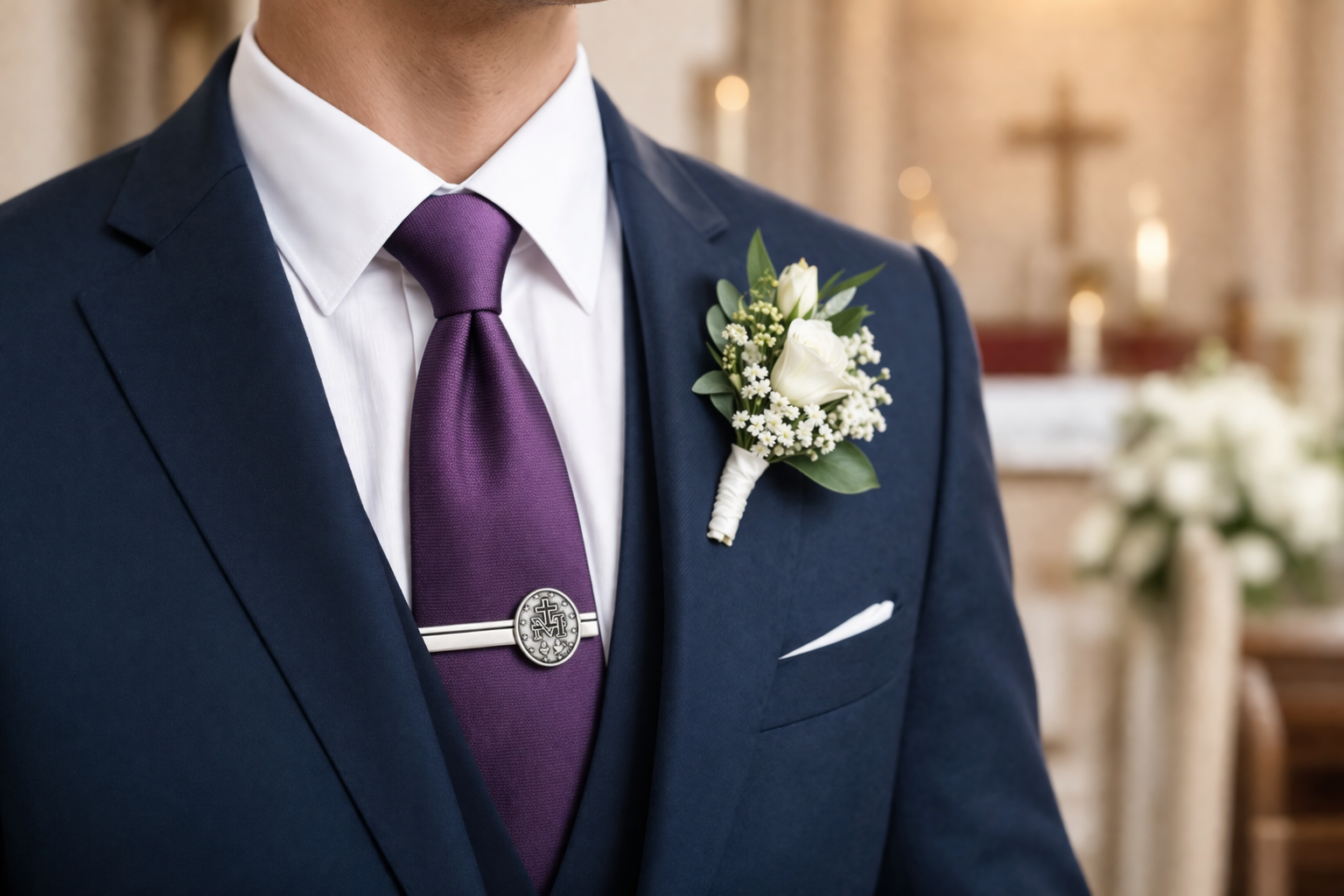 Man wearing a navy suit with a purple tie and floral boutonniere in an indoor setting.