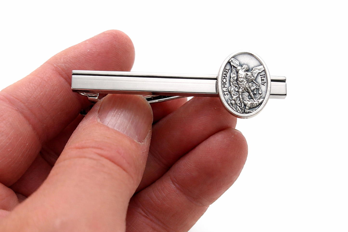 Catholic Saint Michael medal tie bar men’s faith jewelry