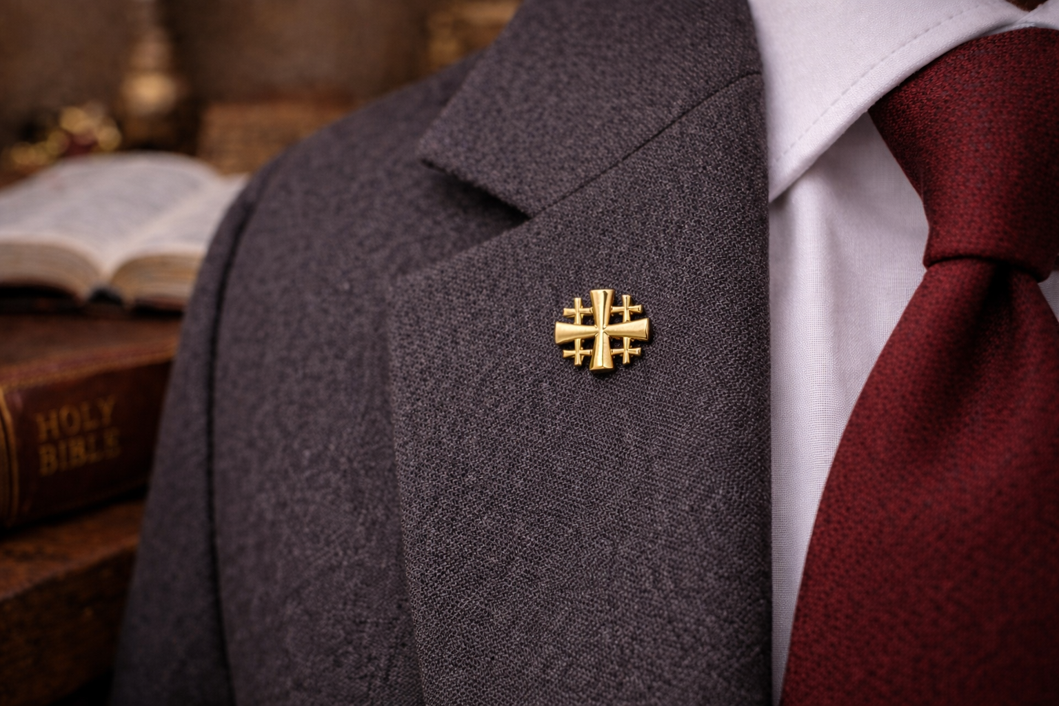 Close-up of a gray suit jacket with a gold Jerusalem Cross Lapel Pin – Gold Tone Crusaders Shield Five-Fold Cross pin, white shirt, and red tie, with a blurred background.