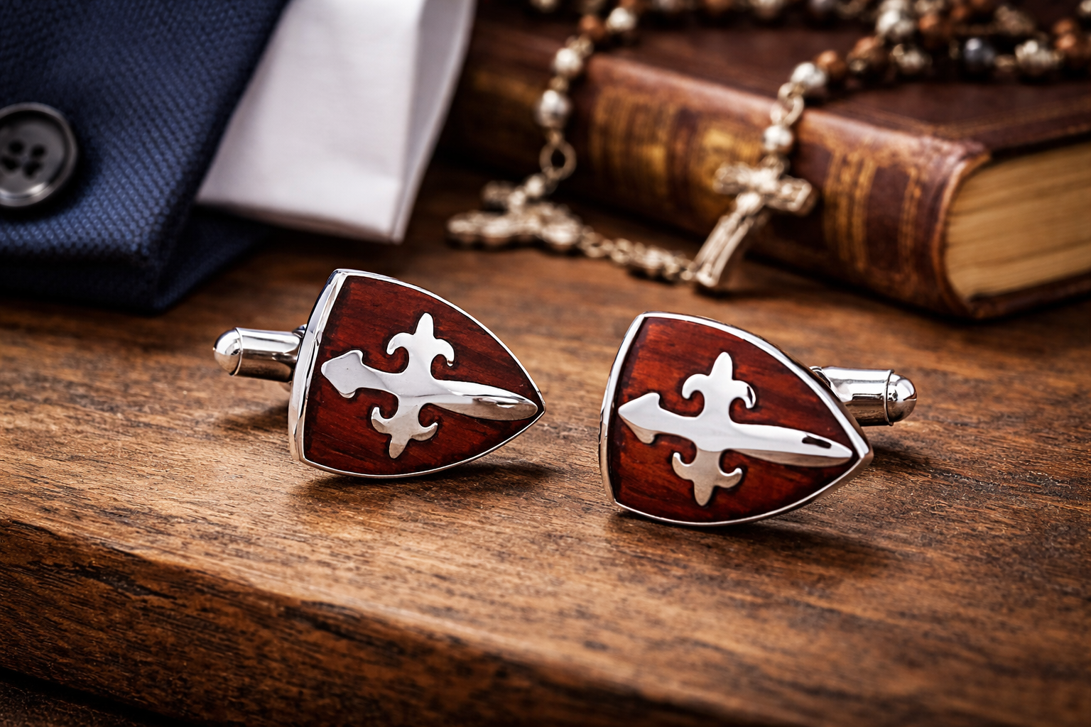 Stainless Steel & Cherry Wood Cross Shield Cufflinks | Christian Faith Jewelry for Men
