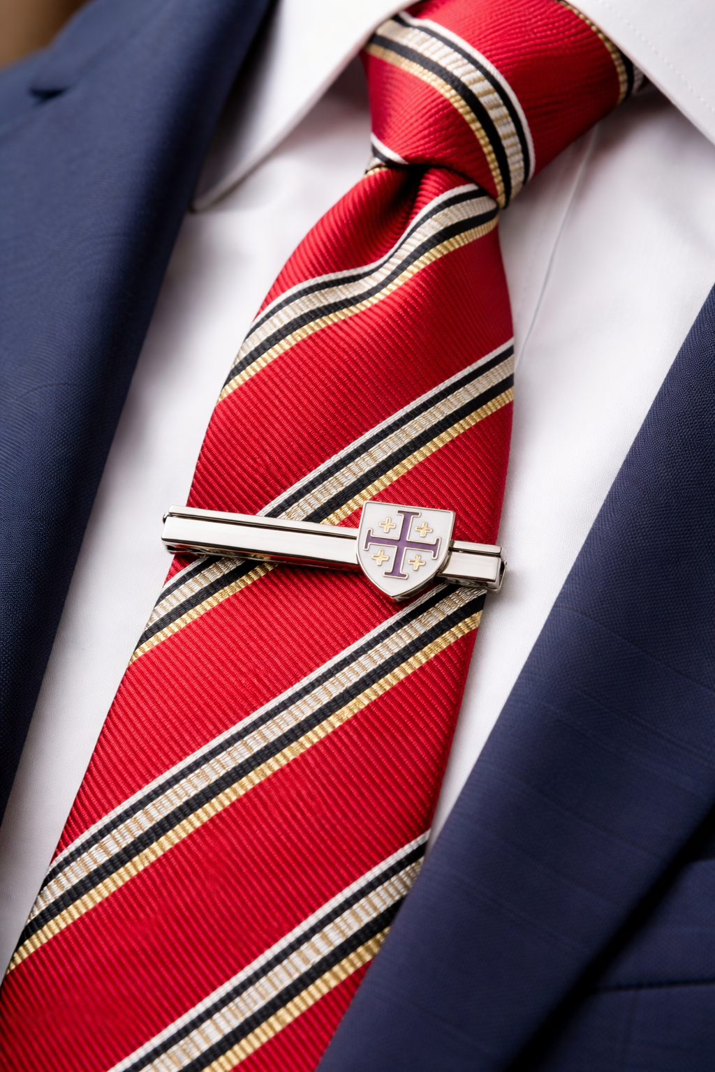 Red striped tie with a silver tie clip on a white shirt and navy suit jacket.