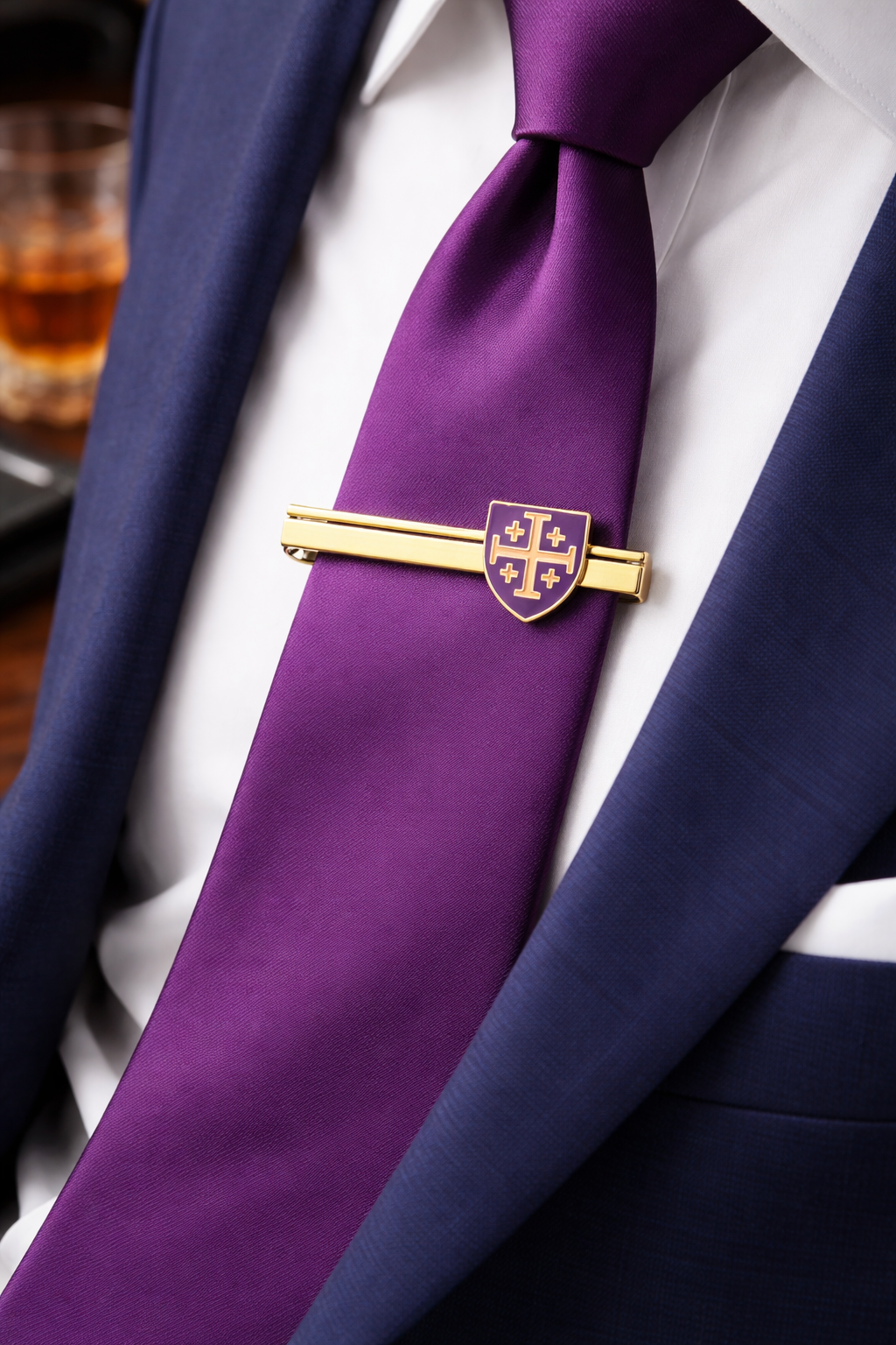 Christian Jerusalem Cross tie bar with purple enamel and gold finish