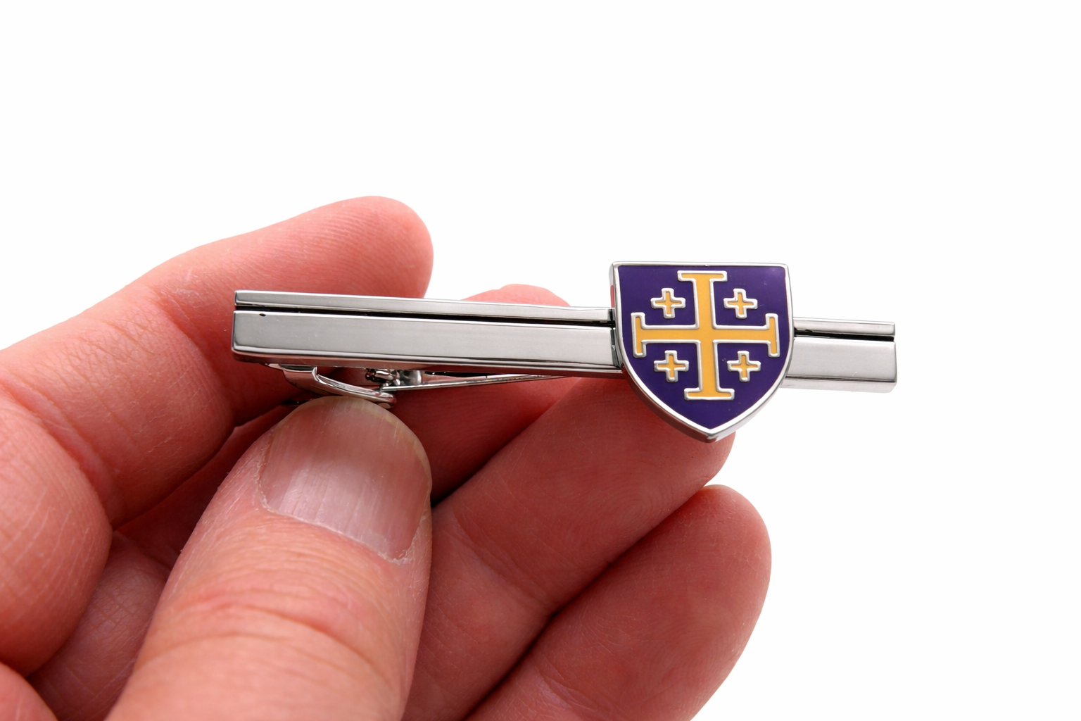 Christian silver Jerusalem Cross tie bar with purple and gold detailing