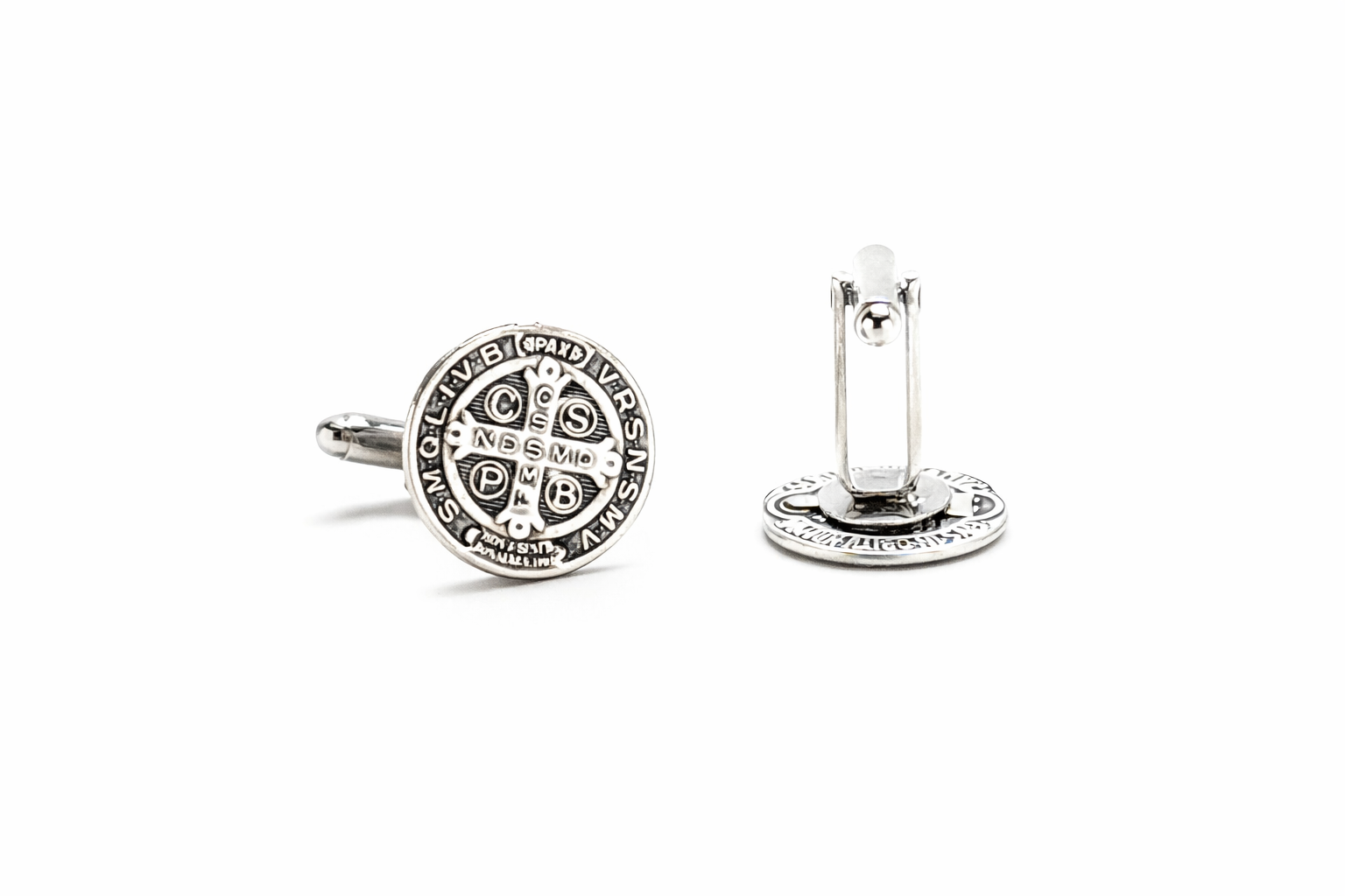 Detailed St. Benedict medal engraving silver cufflinks