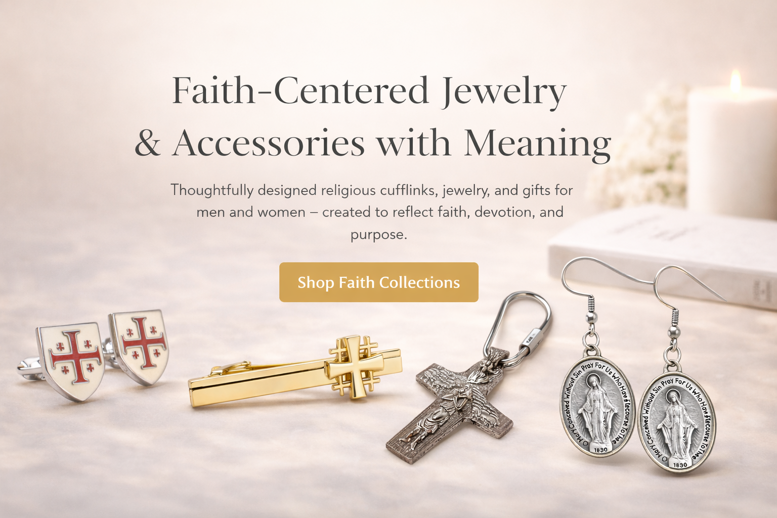 Faith-centered religious jewelry and accessories including Christian cufflinks, a gold Jerusalem cross tie clip, a silver crucifix keychain, and Miraculous Medal earrings displayed as a meaningful gift collection for men and women.