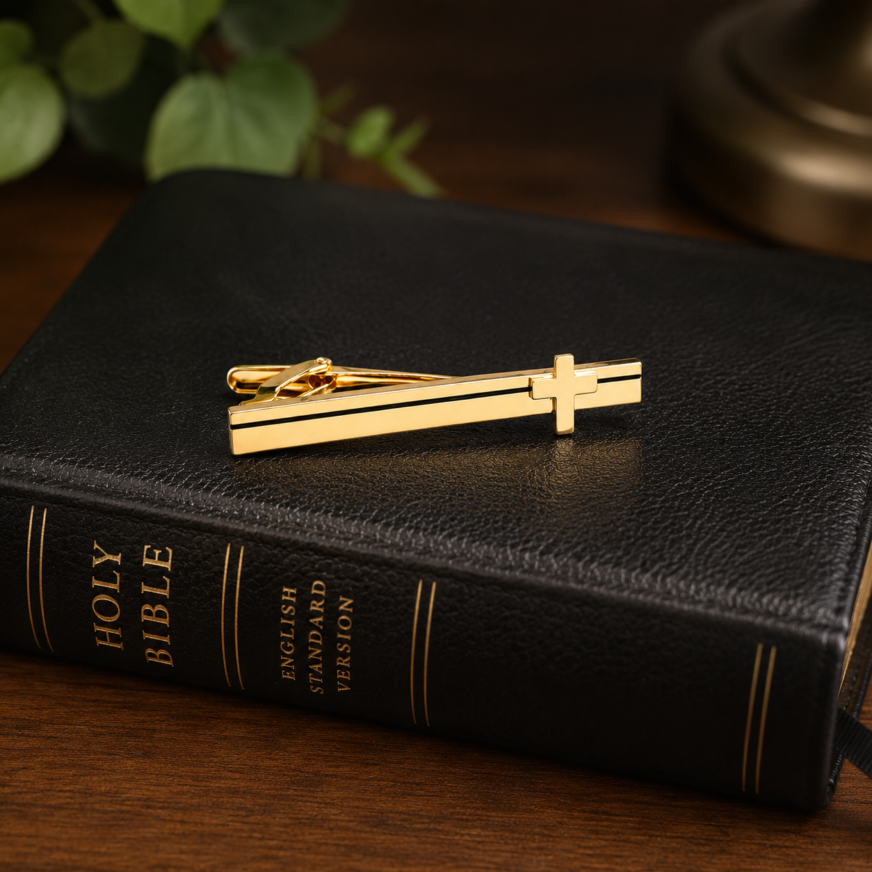 Gold Christian Cross Tie Clip for Men – Elegant Religious Gold Tie Bar for Church, Weddings and Professional Wear on a bible