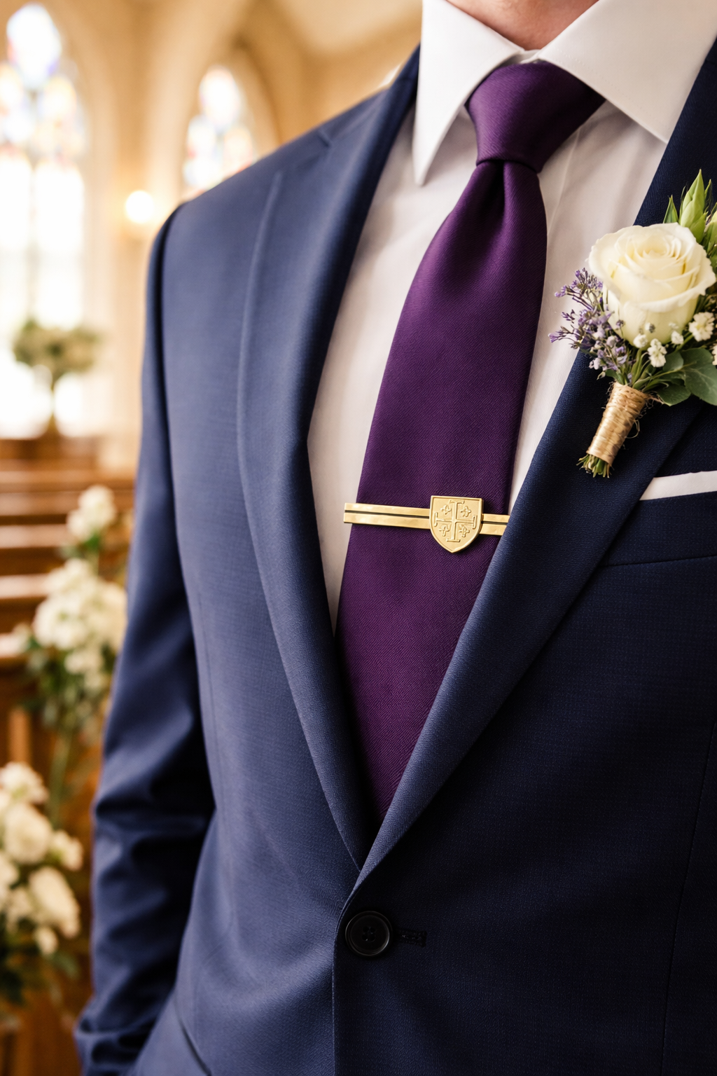 Man wearing a navy suit with a purple tie and white shirt, standing indoors. religious tie bar gold worn on suit church outfit