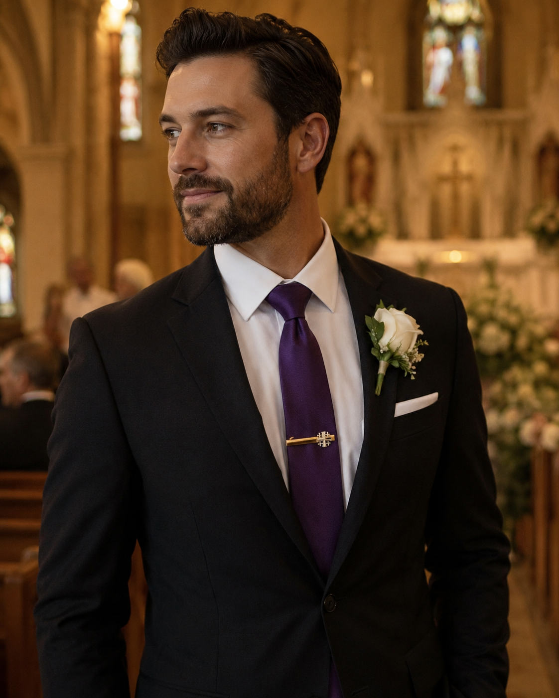 Man in a black suit with a purple tie and white flower boutonniere in a church setting