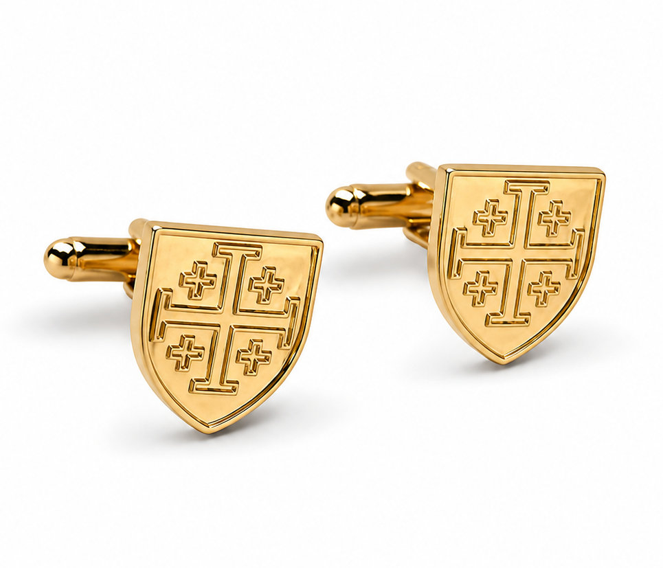 Gold Jerusalem cross cufflinks for men on white background Christian shield cuff links
