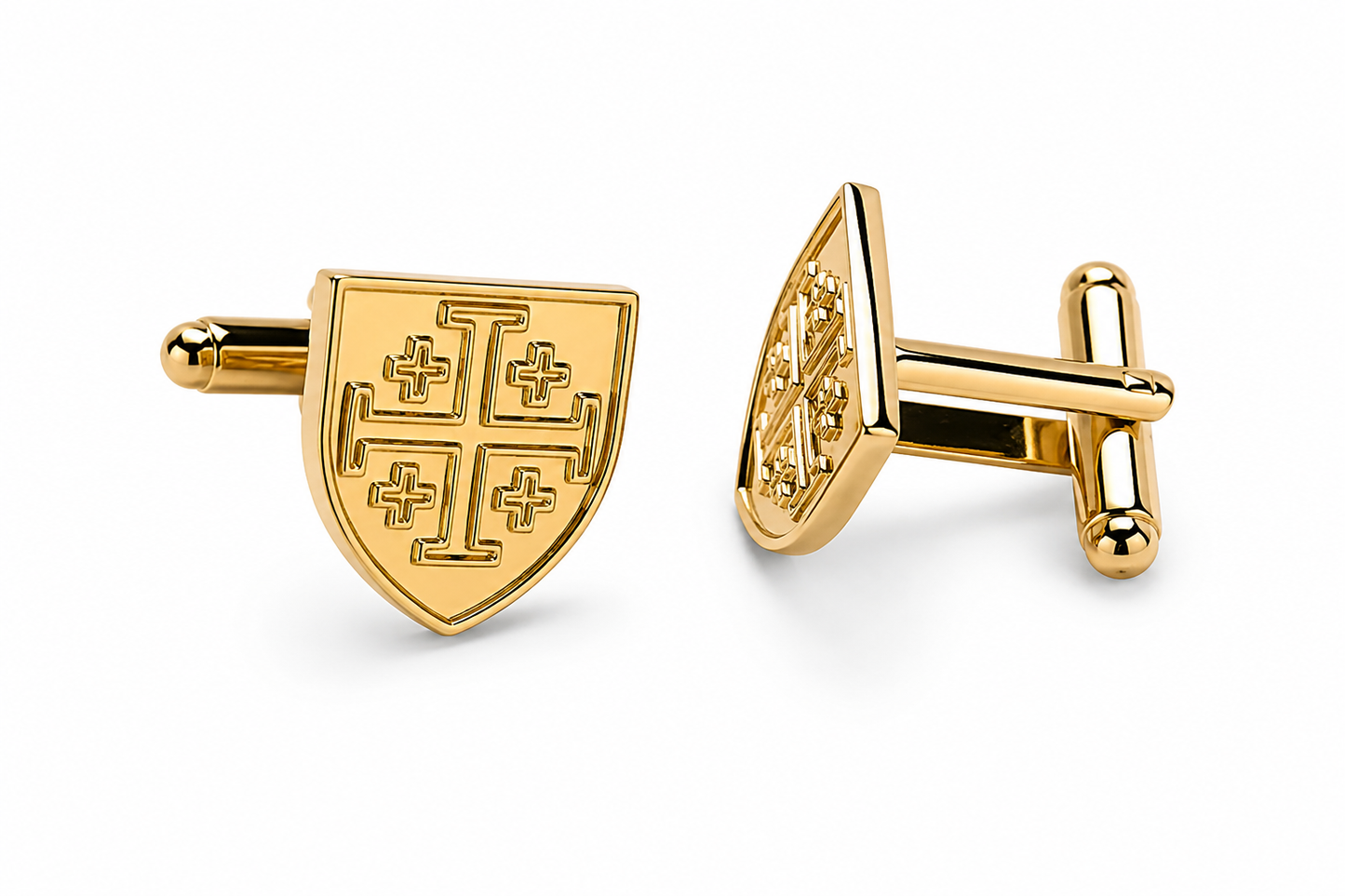 Gold Jerusalem cross cufflinks for men on white background Christian shield cuff links