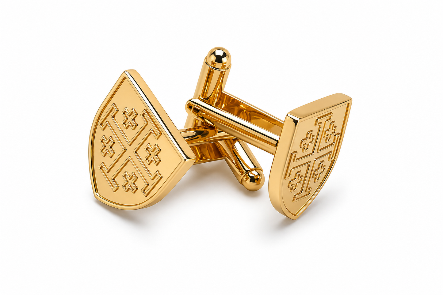 Gold Jerusalem cross cufflinks for men on white background Christian shield cuff links