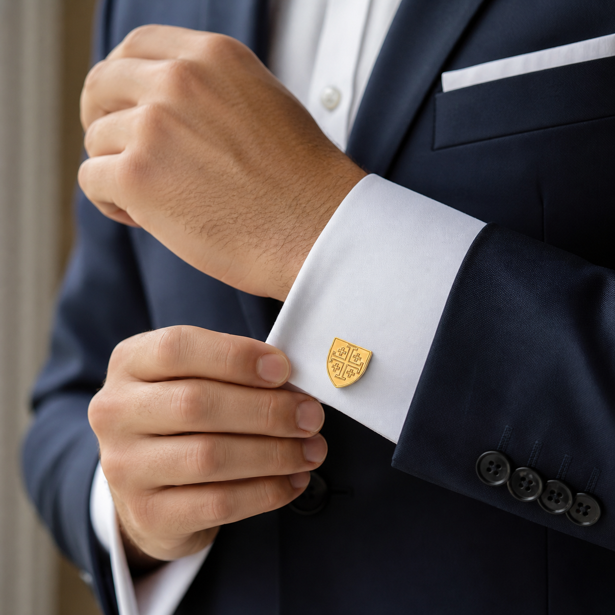 Gold Jerusalem cross cufflinks for men on white background Christian shield cuff links