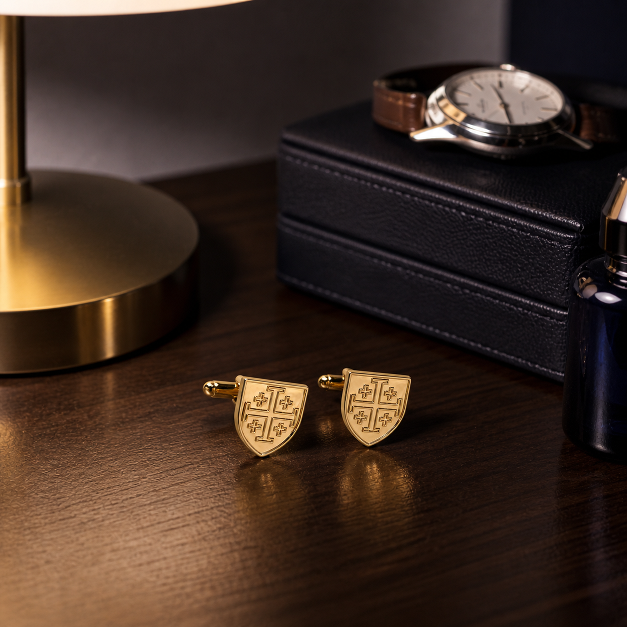 Gold Jerusalem cross cufflinks for men on white background Christian shield cuff links
