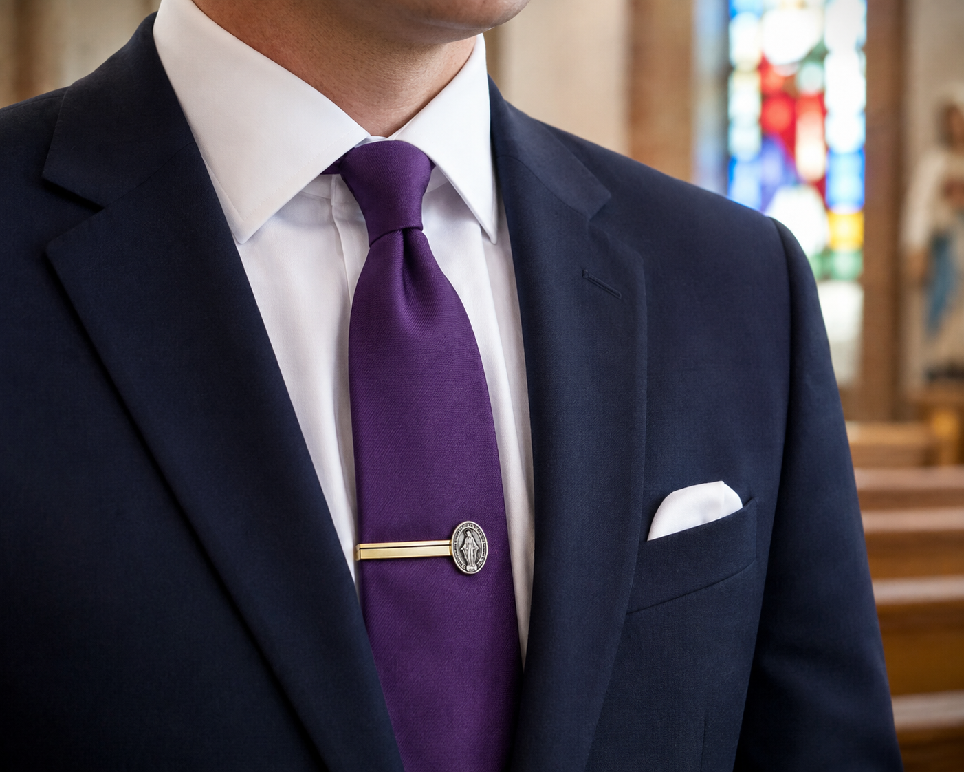 Gold Miraculous Medal tie clip with polished gold tie bar and silver-tone Catholic medal for men.