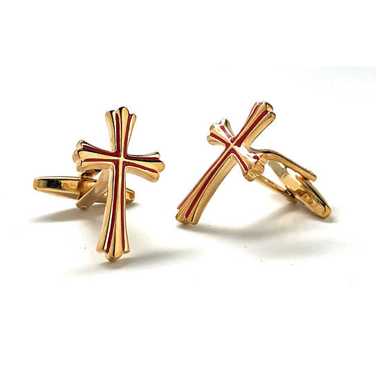 christian cross cufflinks gold red enamel