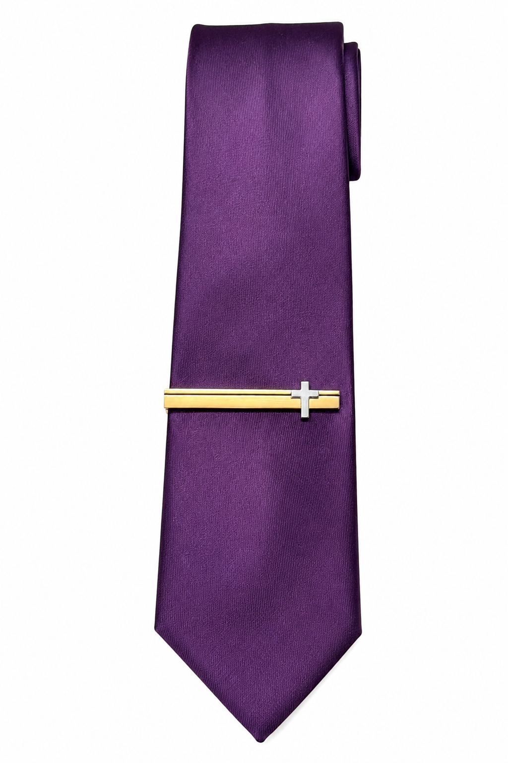 Purple tie with a gold and silver tie clip on a white background
