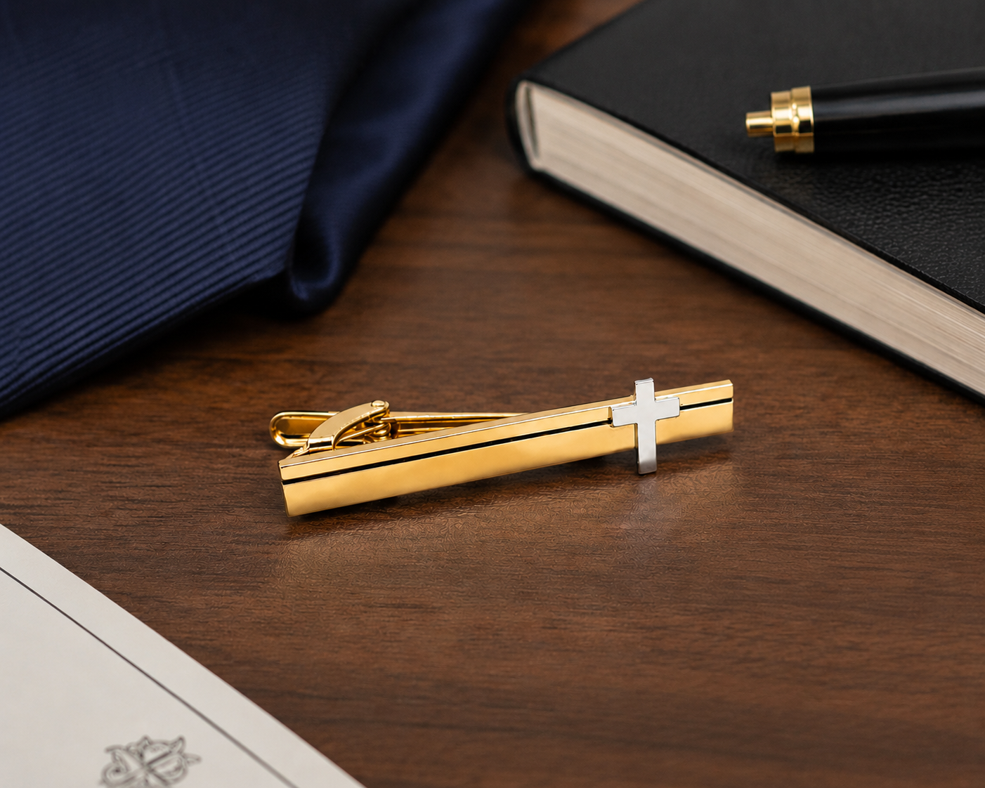 Faith Inspired Gold Tie Clip with Silver Christian Cross for Church and Formal Wear