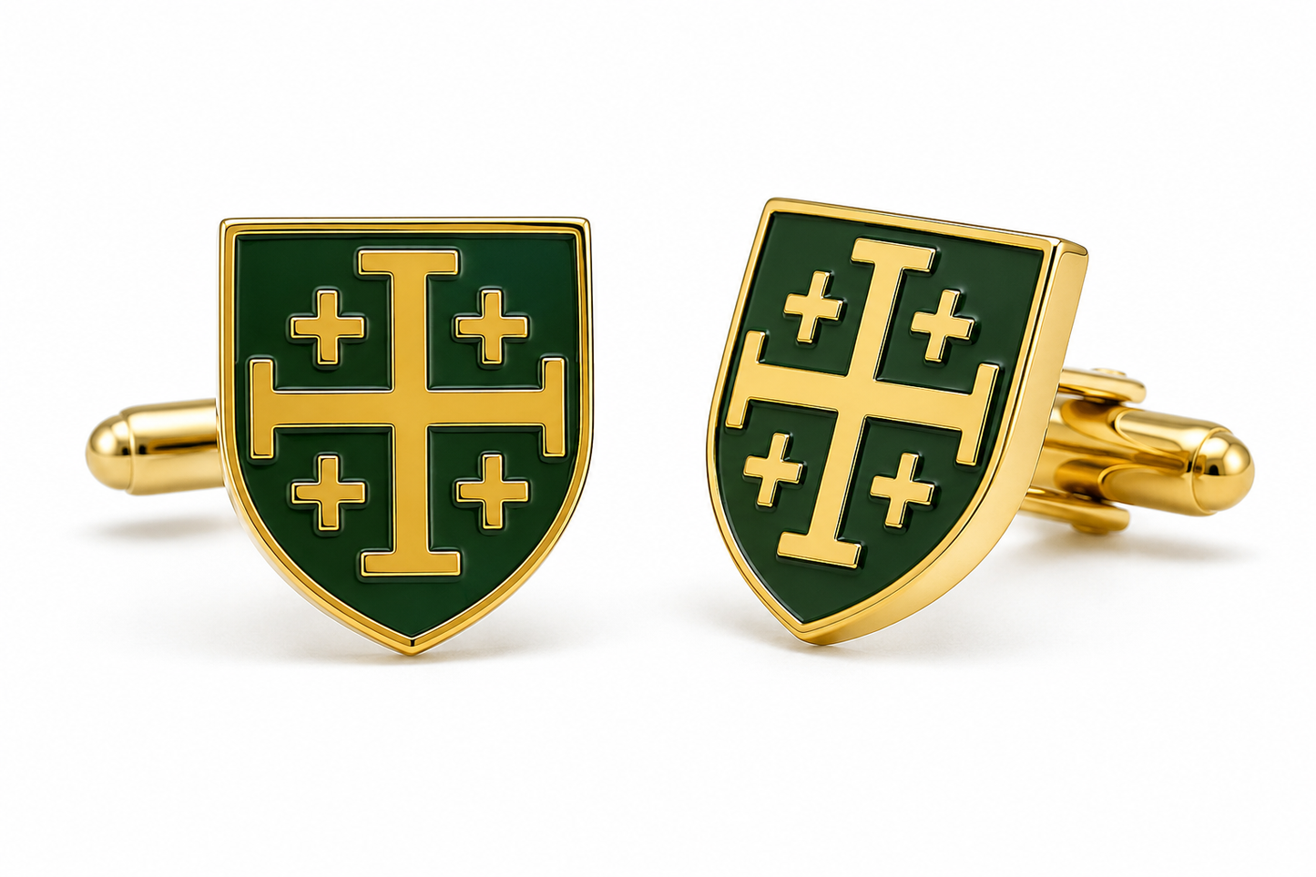A pair of gold and dark green shield-shaped cufflinks featuring a heraldic cross design, displayed on a clean white background.
