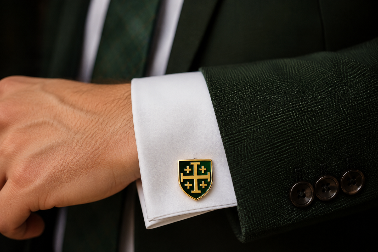 Gold and green enamel Jerusalem Cross shield cufflinks featuring a polished gold finish with bullet-back closures for men's formal wear.