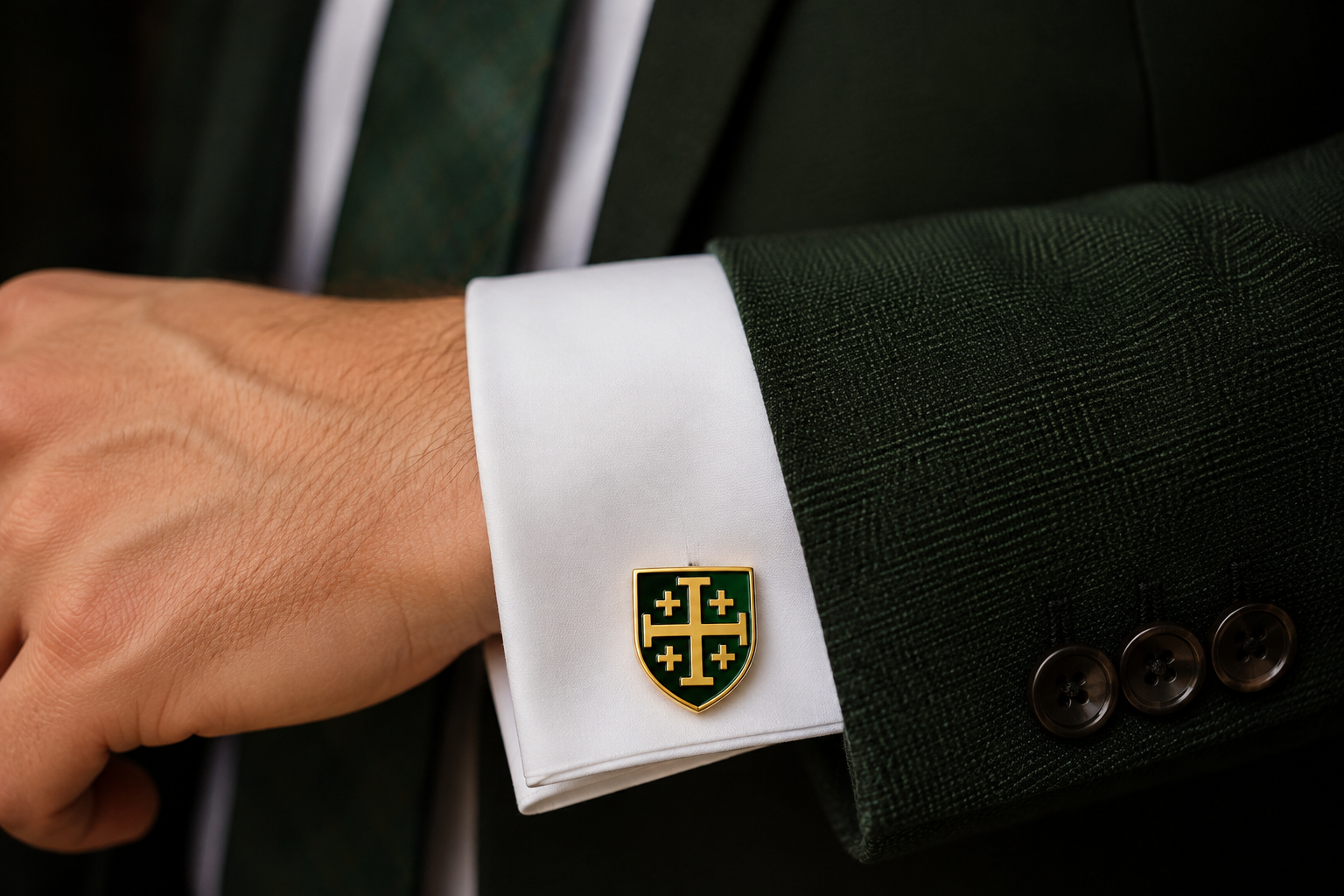 Gold and green enamel Jerusalem Cross shield cufflinks featuring a polished gold finish with bullet-back closures for men's formal wear.