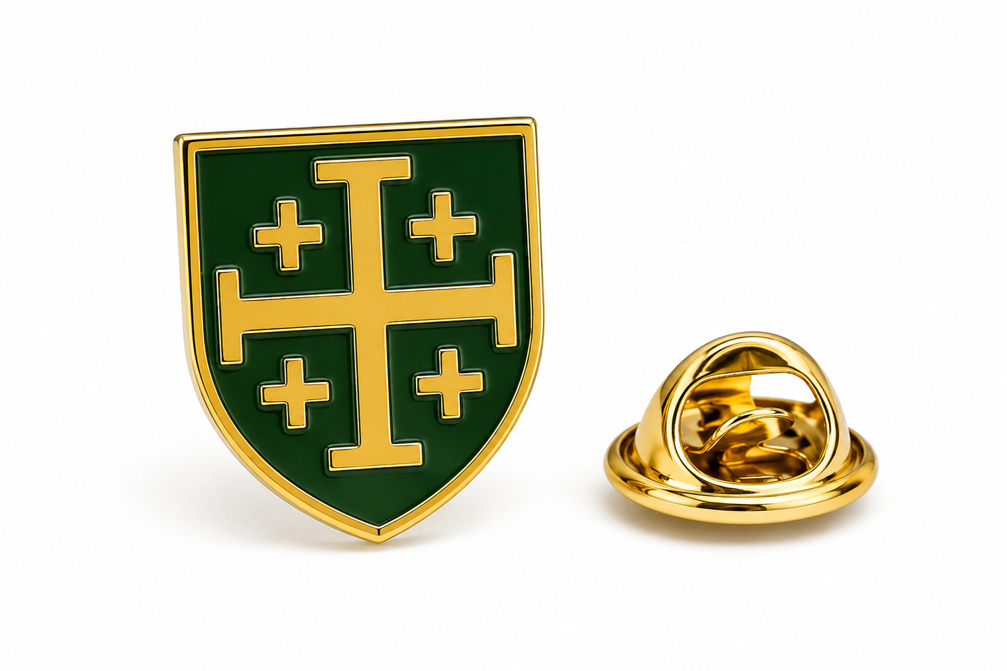 Gold and green enamel Jerusalem Cross shield lapel pin featuring a polished gold finish with secure butterfly clutch backing for men's jackets and suit lapels.
