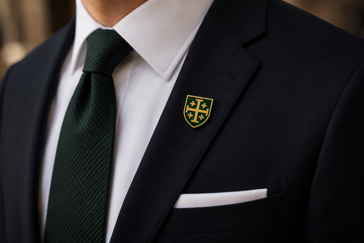 A close-up of a person wearing a dark navy suit jacket, white dress shirt, dark green tie, and white pocket square, with a small green and gold shield-shaped lapel pin pinned to the left chest.