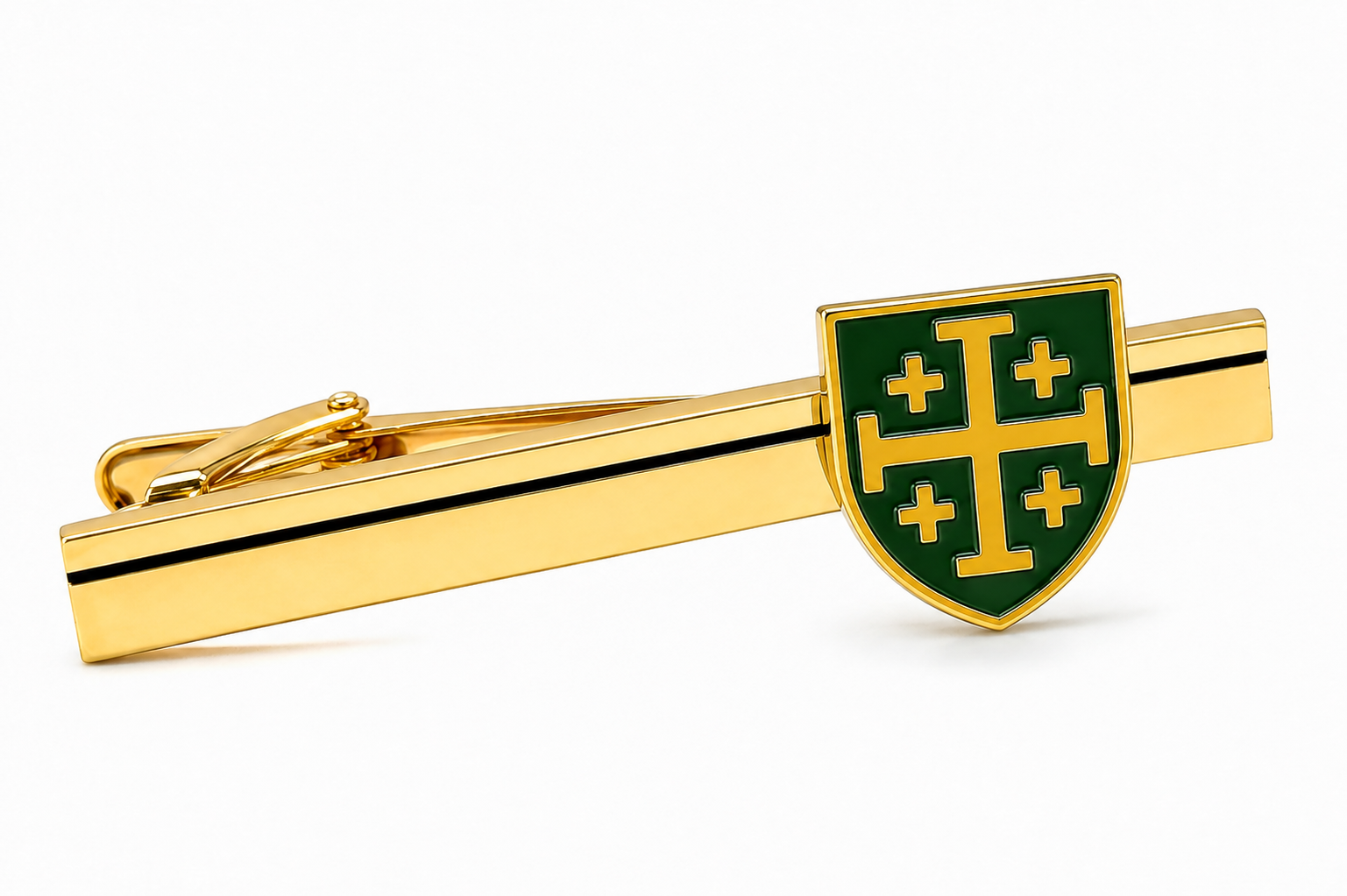 A gold tie bar featuring a green shield crest with a gold cross pattern, displayed on a clean white background.