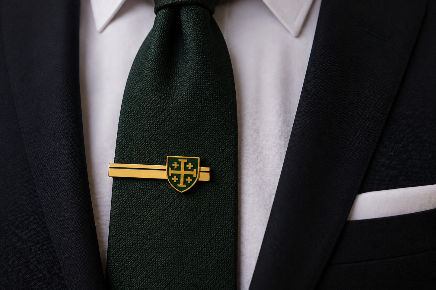 A dark green textured necktie with a gold and green shield-shaped tie clip, worn under a white dress shirt and black suit jacket.
