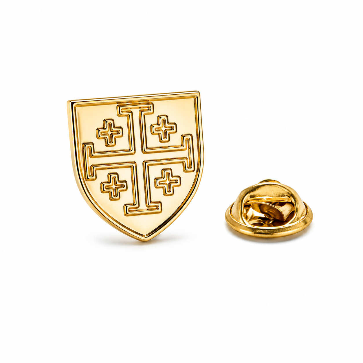 Gold Jerusalem cross lapel pin with shield design on white background Christian men’s accessory