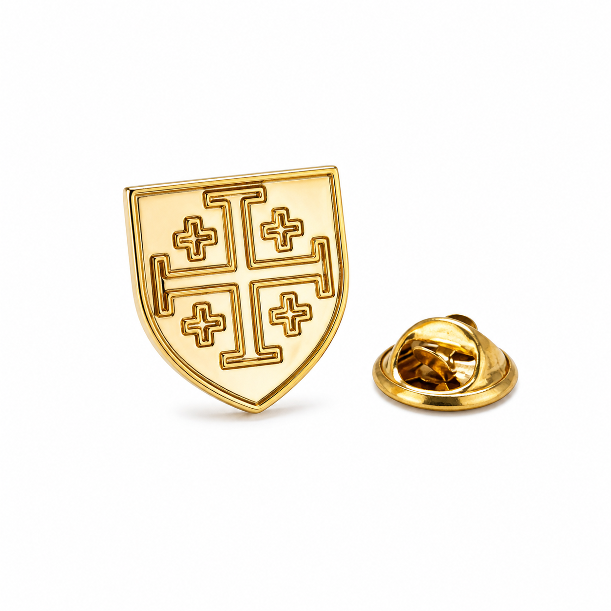 Gold Jerusalem cross pin angled view showing shine and engraved cross details