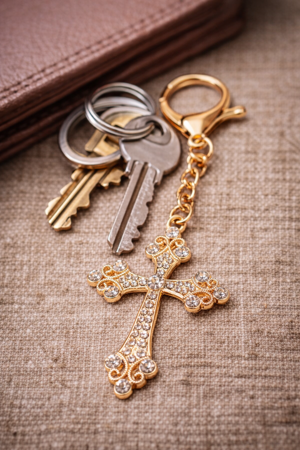 Gold cross keychain with keys on a textured surface