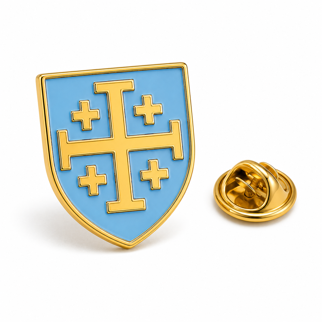 Light blue and gold Jerusalem Cross shield lapel pin with removable gold butterfly clutch on a white background.