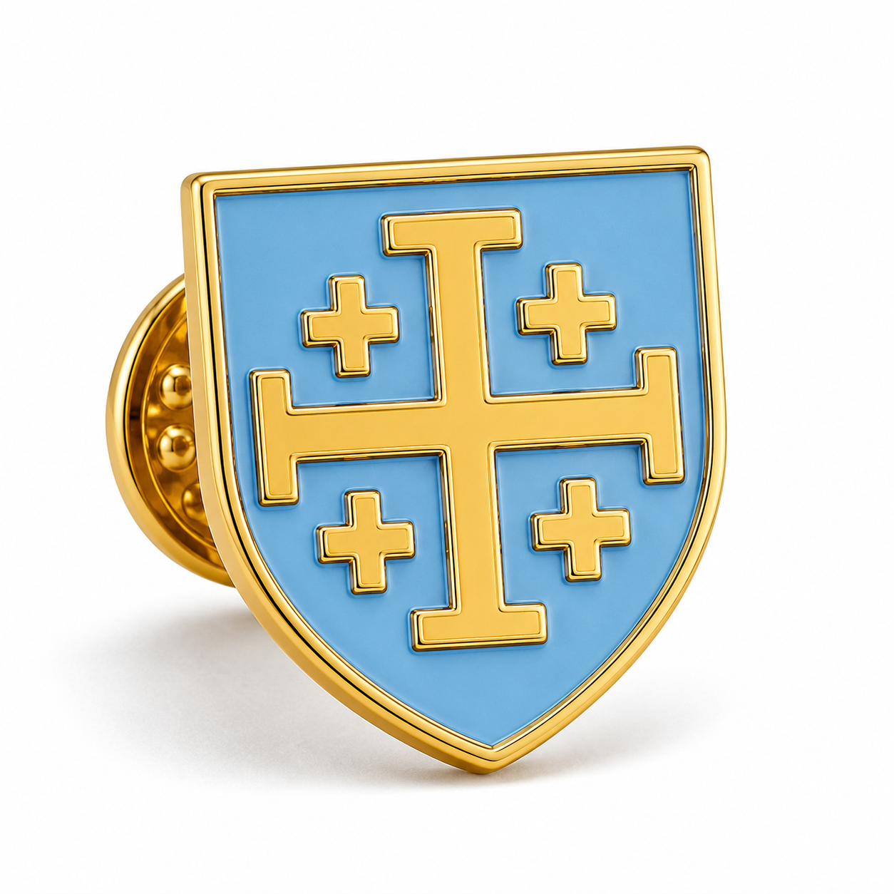 Gold Jerusalem Cross lapel pin with a light blue enamel shield and butterfly clutch displayed on a pure white background.