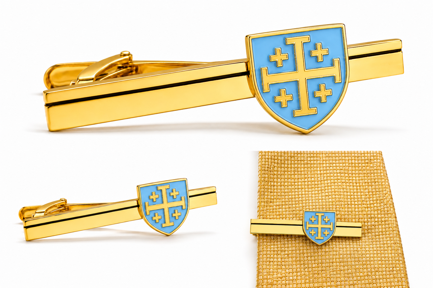 Gold tie clip featuring a light blue enamel Jerusalem Cross shield on a pure white background.