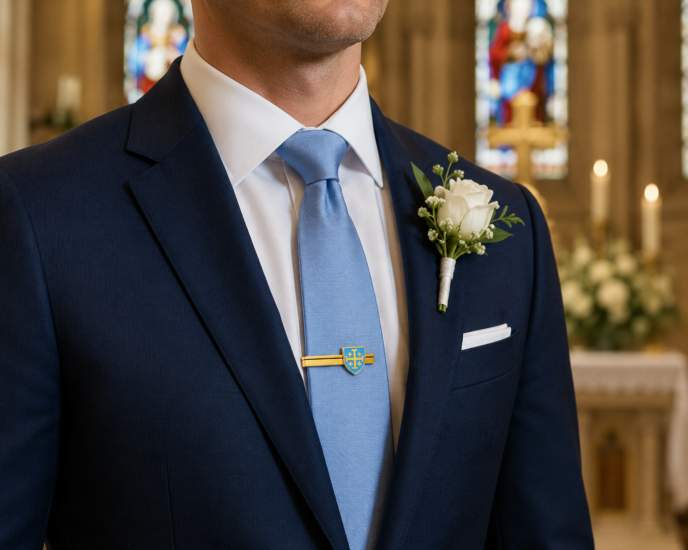 Catholic gentleman wearing a polished gold tie clip with a light blue Marian-inspired Jerusalem Cross shield while attending Sunday Mass.